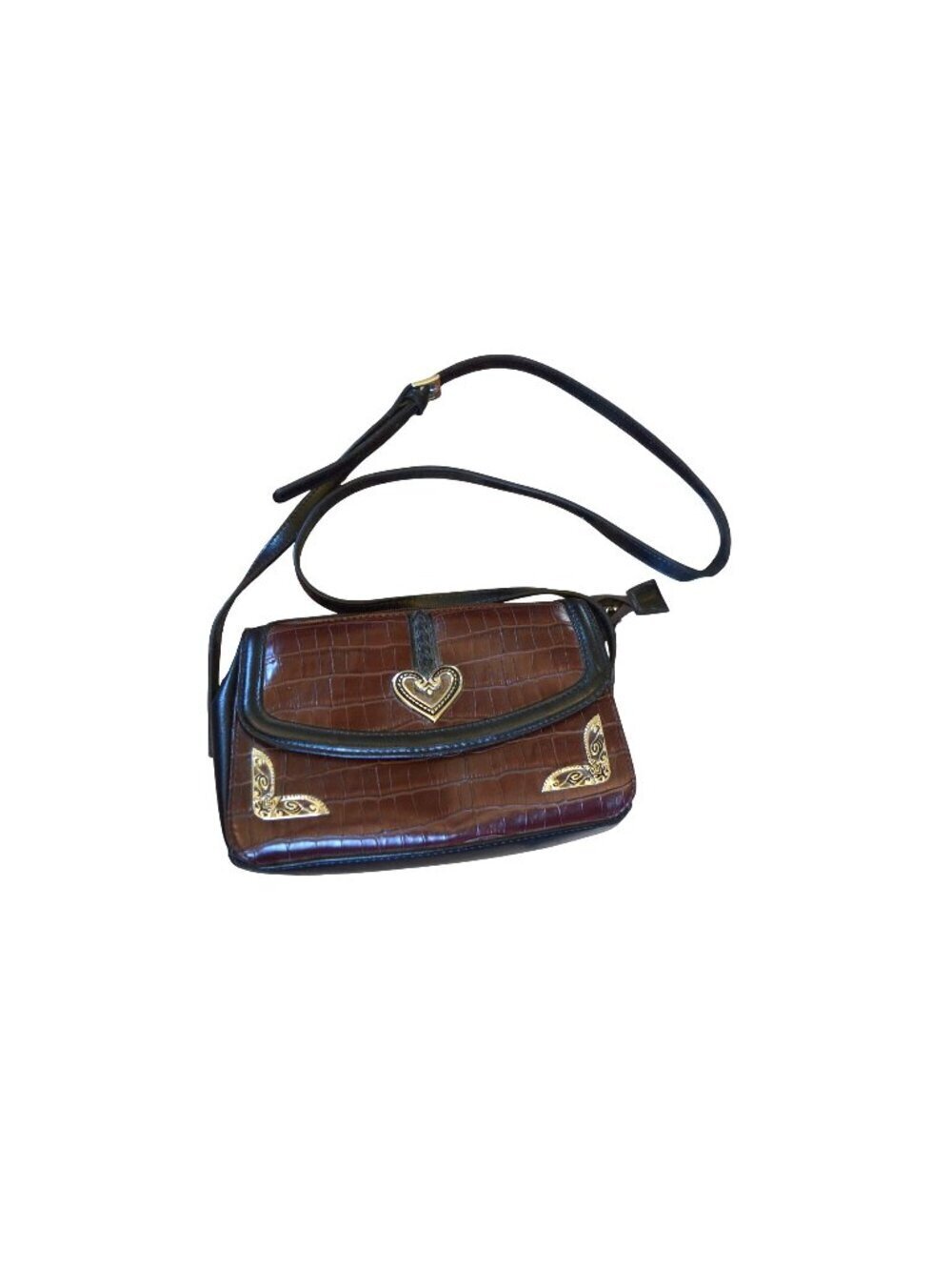 Vintage y2k Brighton Brown Black Crocodile Embossed Leather Crossbody Handbag